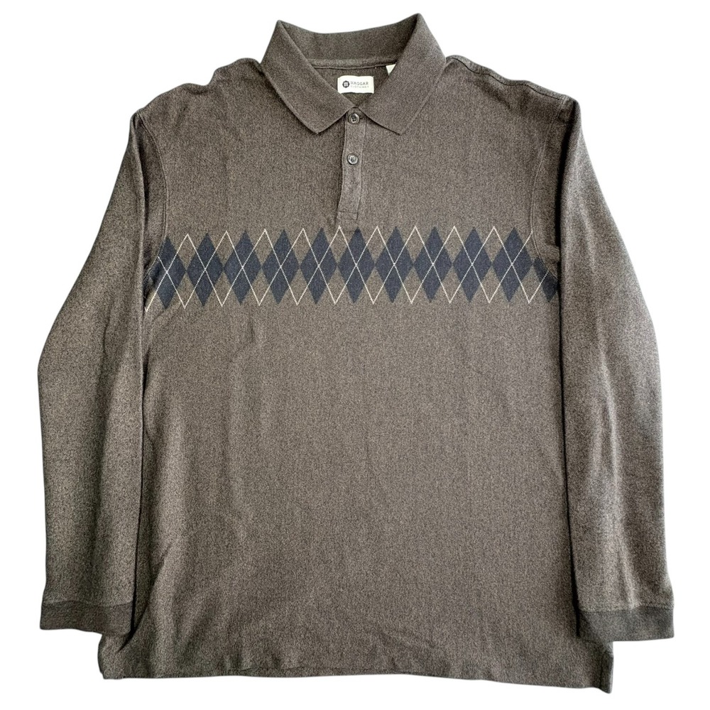 Haggar Clothing Argyle Sweater Polo Mens XL Heather Brown Cotton Blend